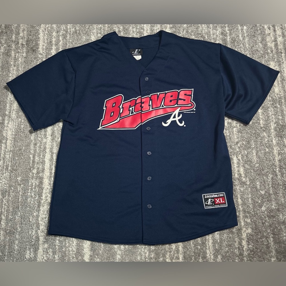 Vintage 1999 Atlanta Braves Jersey Logo Athletics Blue Red Sz XL MLB Baseball